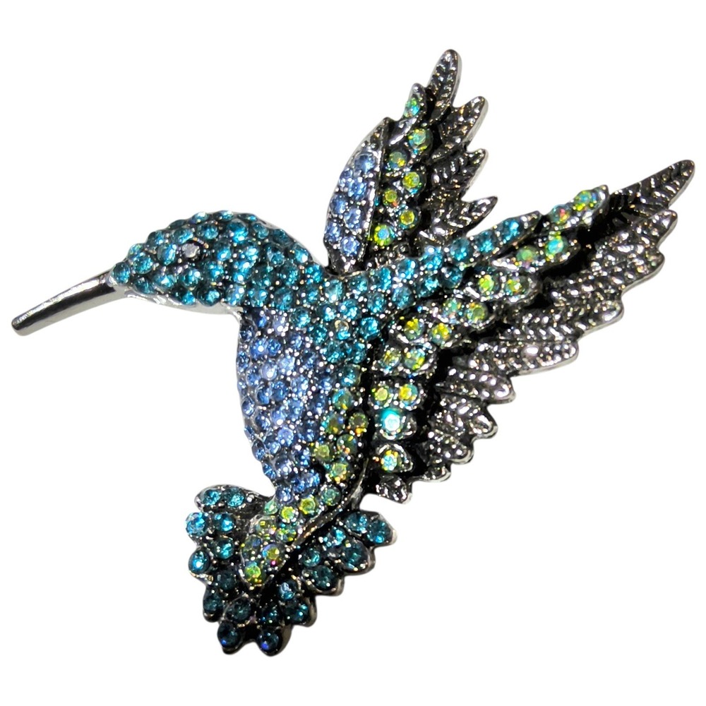 Vintage Blue Green Hummingbird Brooch Sparkly Rhinestone Bird Pin‎